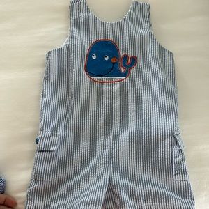 Goodlad seersucker whale overalls.